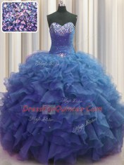 Excellent Beaded Bust Floor Length Ball Gowns Sleeveless Blue Quince Ball Gowns Lace Up