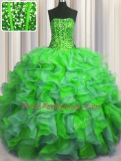 Visible Boning Bling-bling Sleeveless Floor Length Beading and Ruffles Lace Up Sweet 16 Dress with Multi-color