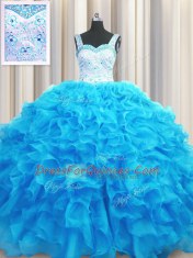 Aqua Blue Lace Up Quince Ball Gowns Beading and Ruffles Sleeveless Floor Length