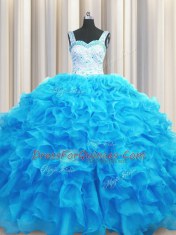 Aqua Blue Lace Up Quince Ball Gowns Beading and Ruffles Sleeveless Floor Length