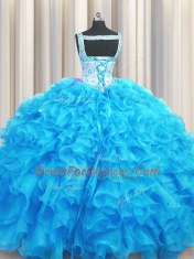 Aqua Blue Lace Up Quince Ball Gowns Beading and Ruffles Sleeveless Floor Length