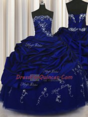 Fitting Strapless Sleeveless Sweet 16 Quinceanera Dress Floor Length Beading and Embroidery and Pick Ups Royal Blue Taffeta