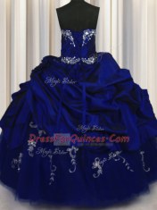 Fitting Strapless Sleeveless Sweet 16 Quinceanera Dress Floor Length Beading and Embroidery and Pick Ups Royal Blue Taffeta