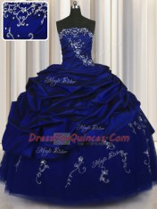 Fitting Strapless Sleeveless Sweet 16 Quinceanera Dress Floor Length Beading and Embroidery and Pick Ups Royal Blue Taffeta