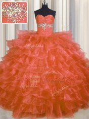 Sophisticated Orange Red Sleeveless Beading and Ruffled Layers Floor Length Vestidos de Quinceanera