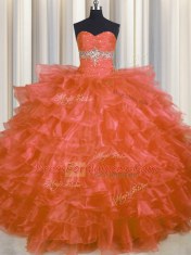 Sophisticated Orange Red Sleeveless Beading and Ruffled Layers Floor Length Vestidos de Quinceanera