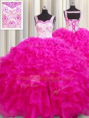 Superior Organza Straps Sleeveless Lace Up Beading and Ruffles Vestidos de Quinceanera in Fuchsia