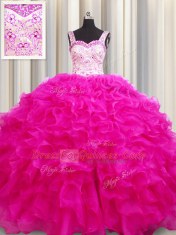 Superior Organza Straps Sleeveless Lace Up Beading and Ruffles Vestidos de Quinceanera in Fuchsia