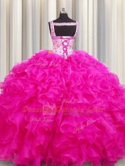 Superior Organza Straps Sleeveless Lace Up Beading and Ruffles Vestidos de Quinceanera in Fuchsia