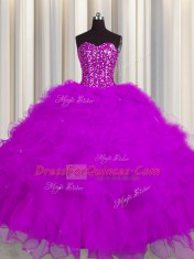 Modern Visible Boning Fuchsia Lace Up Sweetheart Beading and Ruffles and Sequins Quinceanera Gown Tulle Sleeveless