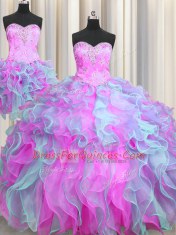 Luxury Three Piece Multi-color Ball Gowns Beading and Ruffles Quinceanera Dress Lace Up Organza Sleeveless