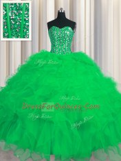 Visible Boning Green Ball Gowns Tulle Sweetheart Sleeveless Beading and Ruffles and Sequins Floor Length Lace Up Quinceanera Gown