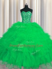 Visible Boning Green Ball Gowns Tulle Sweetheart Sleeveless Beading and Ruffles and Sequins Floor Length Lace Up Quinceanera Gown