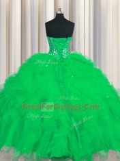 Visible Boning Green Ball Gowns Tulle Sweetheart Sleeveless Beading and Ruffles and Sequins Floor Length Lace Up Quinceanera Gown