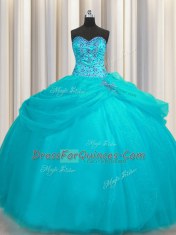 Simple Puffy Skirt Aqua Blue Ball Gowns Sweetheart Sleeveless Organza Floor Length Lace Up Beading Quinceanera Gowns