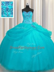 Simple Puffy Skirt Aqua Blue Ball Gowns Sweetheart Sleeveless Organza Floor Length Lace Up Beading Quinceanera Gowns