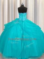 Simple Puffy Skirt Aqua Blue Ball Gowns Sweetheart Sleeveless Organza Floor Length Lace Up Beading Quinceanera Gowns