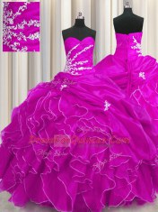 Fuchsia Organza Lace Up Sweetheart Sleeveless Floor Length Vestidos de Quinceanera Beading and Appliques and Ruffles