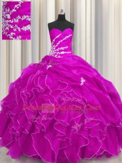 Fuchsia Organza Lace Up Sweetheart Sleeveless Floor Length Vestidos de Quinceanera Beading and Appliques and Ruffles