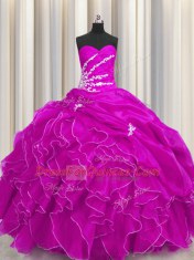 Fuchsia Organza Lace Up Sweetheart Sleeveless Floor Length Vestidos de Quinceanera Beading and Appliques and Ruffles