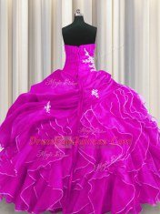Fuchsia Organza Lace Up Sweetheart Sleeveless Floor Length Vestidos de Quinceanera Beading and Appliques and Ruffles