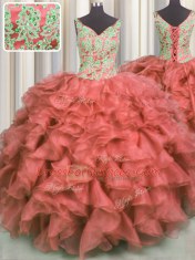 V Neck High Low Ball Gowns Sleeveless Coral Red Vestidos de Quinceanera Lace Up