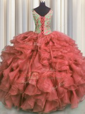 V Neck High Low Ball Gowns Sleeveless Coral Red Vestidos de Quinceanera Lace Up