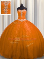 Court Train Ball Gowns Quince Ball Gowns Rust Red Sweetheart Tulle and Sequined Sleeveless With Train Lace Up