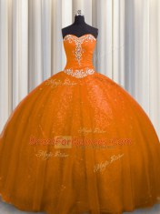 Court Train Ball Gowns Quince Ball Gowns Rust Red Sweetheart Tulle and Sequined Sleeveless With Train Lace Up