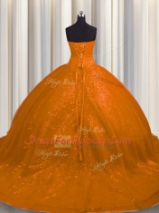 Court Train Ball Gowns Quince Ball Gowns Rust Red Sweetheart Tulle and Sequined Sleeveless With Train Lace Up