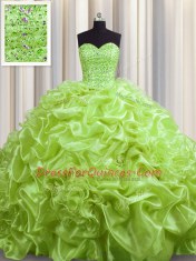 Discount Pick Ups Sweetheart Sleeveless Court Train Lace Up Quince Ball Gowns Yellow Green Organza