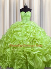 Discount Pick Ups Sweetheart Sleeveless Court Train Lace Up Quince Ball Gowns Yellow Green Organza