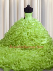 Discount Pick Ups Sweetheart Sleeveless Court Train Lace Up Quince Ball Gowns Yellow Green Organza