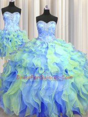 Noble Three Piece Floor Length Lace Up Quinceanera Gowns Multi-color for Military Ball and Sweet 16 and Quinceanera with Beading and Appliques and Ruffles