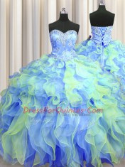 Noble Three Piece Floor Length Lace Up Quinceanera Gowns Multi-color for Military Ball and Sweet 16 and Quinceanera with Beading and Appliques and Ruffles