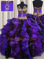 Sumptuous Leopard Multi-color V-neck Neckline Beading and Ruffles 15th Birthday Dress Sleeveless Lace Up