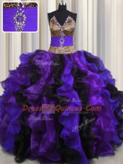 Sumptuous Leopard Multi-color V-neck Neckline Beading and Ruffles 15th Birthday Dress Sleeveless Lace Up