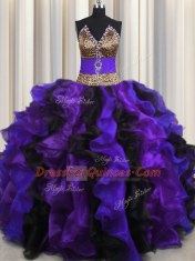 Sumptuous Leopard Multi-color V-neck Neckline Beading and Ruffles 15th Birthday Dress Sleeveless Lace Up