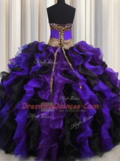 Sumptuous Leopard Multi-color V-neck Neckline Beading and Ruffles 15th Birthday Dress Sleeveless Lace Up