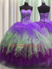Visible Boning Multi-color Ball Gowns Tulle Sweetheart Sleeveless Beading and Ruffles and Sequins Floor Length Lace Up Quince Ball Gowns