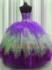 Visible Boning Multi-color Ball Gowns Tulle Sweetheart Sleeveless Beading and Ruffles and Sequins Floor Length Lace Up Quince Ball Gowns