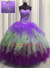 Visible Boning Multi-color Ball Gowns Tulle Sweetheart Sleeveless Beading and Ruffles and Sequins Floor Length Lace Up Quince Ball Gowns
