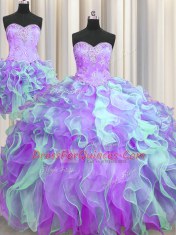 Luxury Three Piece Floor Length Lace Up Sweet 16 Quinceanera Dress Multi-color for Military Ball and Sweet 16 and Quinceanera with Beading and Appliques
