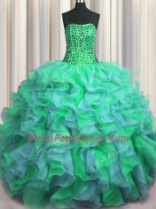 Modest Visible Boning Beaded Bodice Floor Length Ball Gowns Sleeveless Multi-color 15 Quinceanera Dress Lace Up