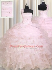 Affordable One Shoulder Sleeveless Beading and Ruffles Zipper 15th Birthday Dress