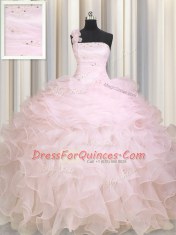 Affordable One Shoulder Sleeveless Beading and Ruffles Zipper 15th Birthday Dress