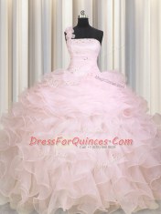 Affordable One Shoulder Sleeveless Beading and Ruffles Zipper 15th Birthday Dress
