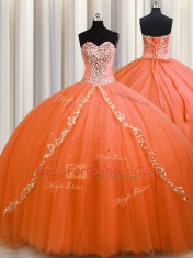 Fashionable Orange Tulle Lace Up Sweetheart Sleeveless Quinceanera Gown Brush Train Beading