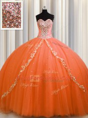 Fashionable Orange Tulle Lace Up Sweetheart Sleeveless Quinceanera Gown Brush Train Beading