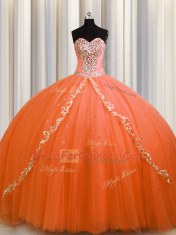 Fashionable Orange Tulle Lace Up Sweetheart Sleeveless Quinceanera Gown Brush Train Beading